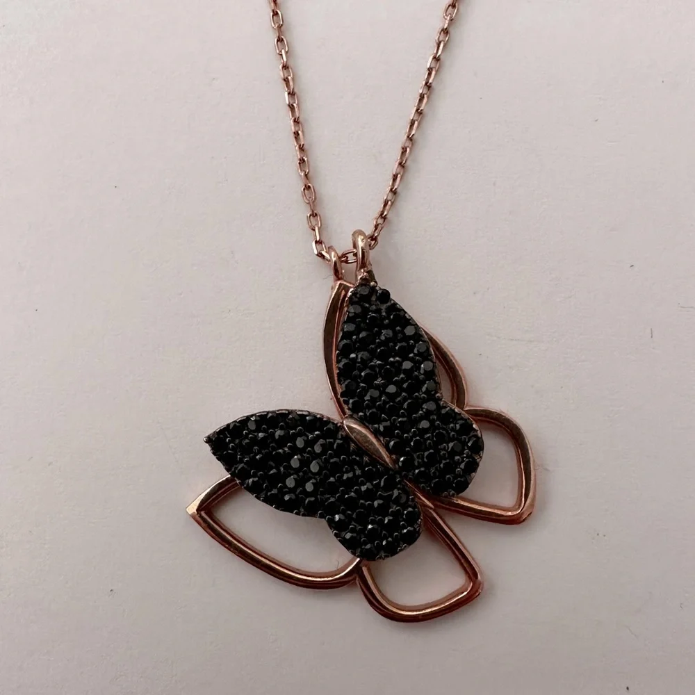 925 Silver butterfly necklace black cz 14k rose gold plated